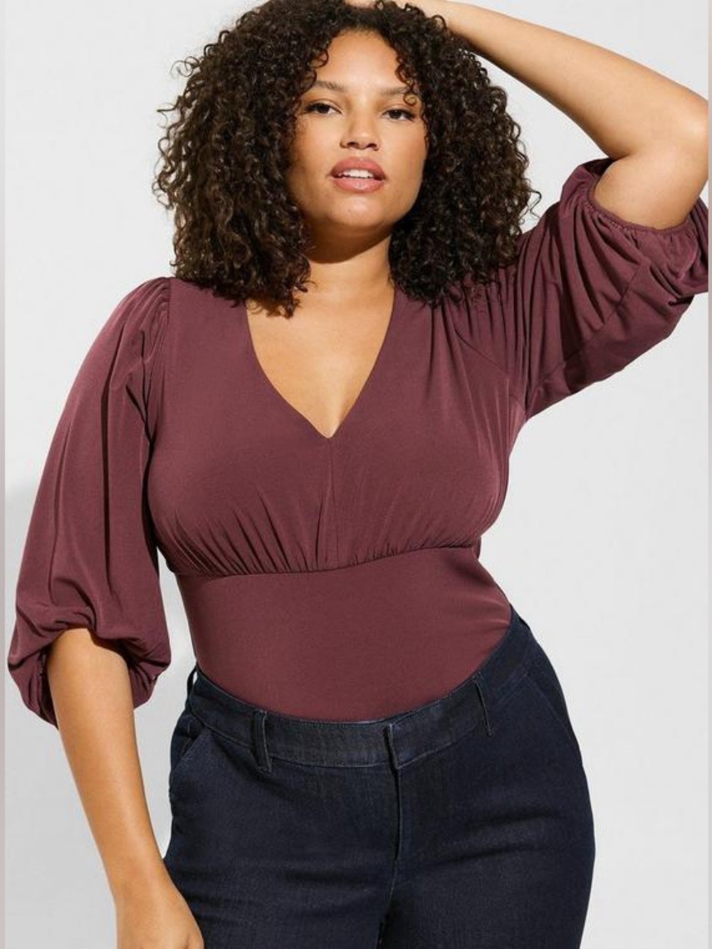 Torrid Studio Knit V-Neck Quarter Sleeve Shirred Top - Burgundy - Size 2XL